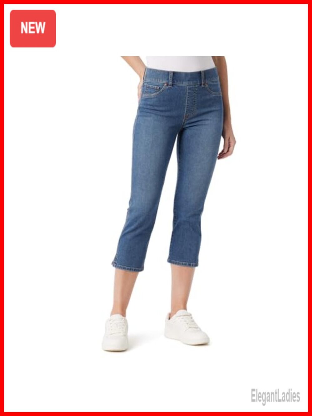 High Rise Straight Leg Capri Jeans Pull On Stretch